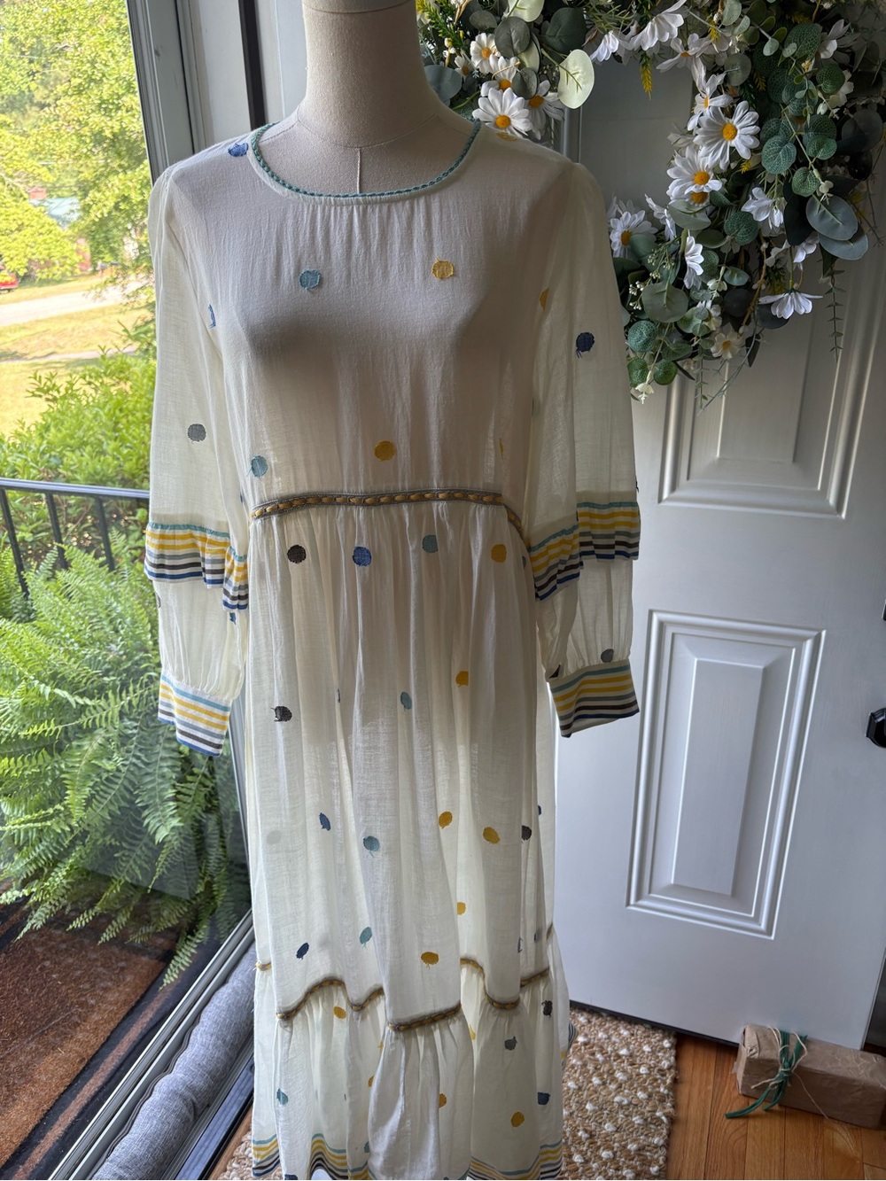 Anthropology Conditions Apply Sheer 100% Cotton Cream Polka Dot Maxi Dress